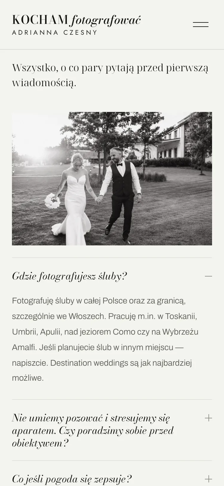 Sekcja Pytania na telefonie: rozwinięta odpowiedź o miejsca, w których fotografuje, nad listą kolejnych pytań