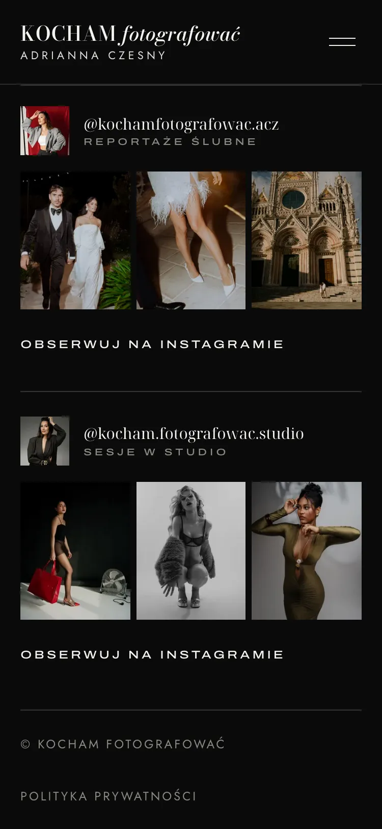 Stopka na telefonie: dwa profile na Instagramie, każdy z awatarem i trzema zdjęciami, nad podpisem i linkiem do polityki prywatności